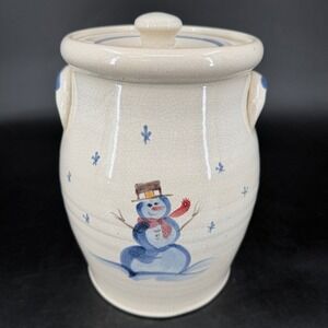 Rowe Pottery Works Snowman Stoneware Crock with Lid Blue White Christmas Decor